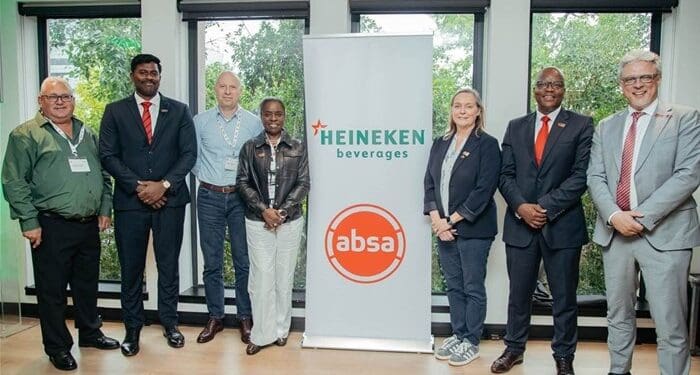 From left to right: Charles Wyeth, HEINEKEN Beverages; Vignesh Subramani, Absa CIB; Jordi Borrut, HEINEKEN Beverages; Sade Morgan, HEINEKEN Global; Joanna Price, HEINEKEN Global; Stephen Seaka, Absa CIB; Jan de Kock, Absa CIB